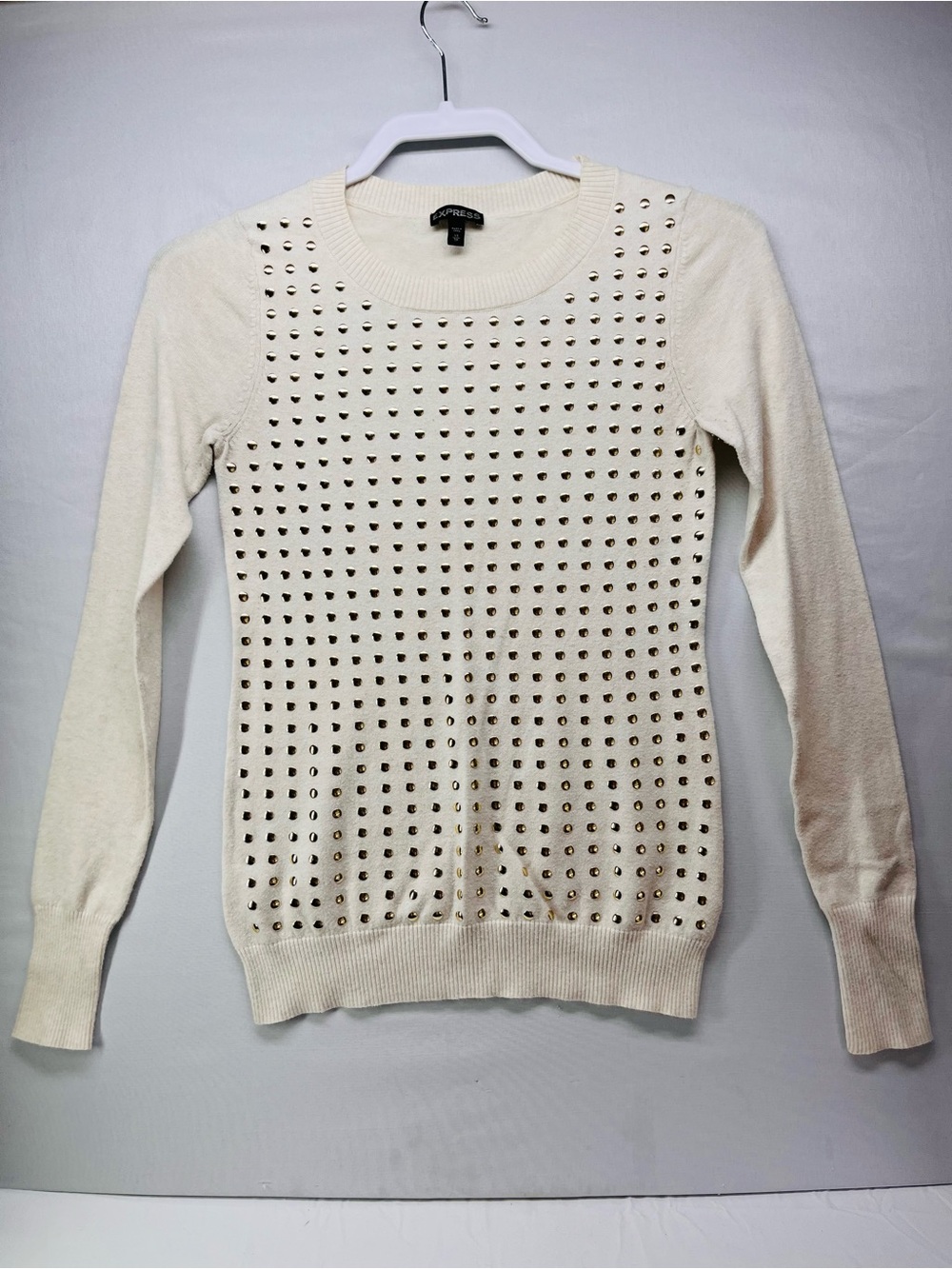Express Cream Crewneck Sweater with Goldโ Studs